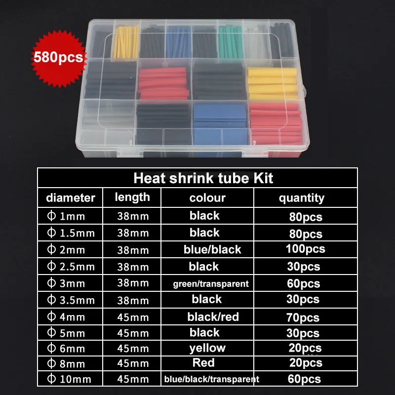 Sleeved Cable Kit - 580pcs/Set Waterproof Shrinkage 2:1 Heat Shrink
